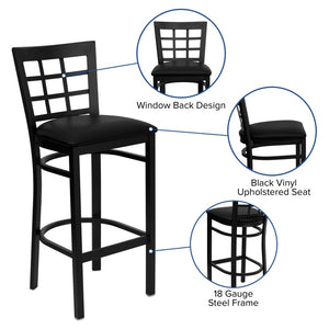 English Elm HERCULES Series Window-Back Metal Barstool - Durable, Comfortable Seating for Restaurants & Homes Black Vinyl Seat/Black Metal Frame XU-DG6R7BWIN-BAR-BLKV-GG