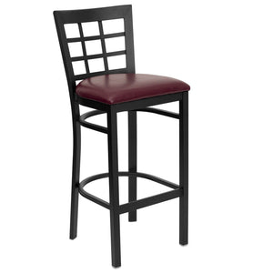 English Elm HERCULES Series Window-Back Metal Barstool - Durable, Comfortable Seating for Restaurants & Homes Burgundy Vinyl Seat/Black Metal Frame XU-DG6R7BWIN-BAR-BURV-GG