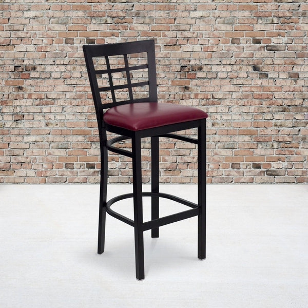 English Elm HERCULES Series Window-Back Metal Barstool - Durable, Comfortable Seating for Restaurants & Homes Burgundy Vinyl Seat/Black Metal Frame XU-DG6R7BWIN-BAR-BURV-GG
