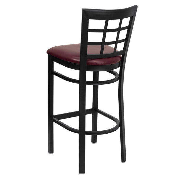 English Elm HERCULES Series Window-Back Metal Barstool - Durable, Comfortable Seating for Restaurants & Homes Burgundy Vinyl Seat/Black Metal Frame XU-DG6R7BWIN-BAR-BURV-GG