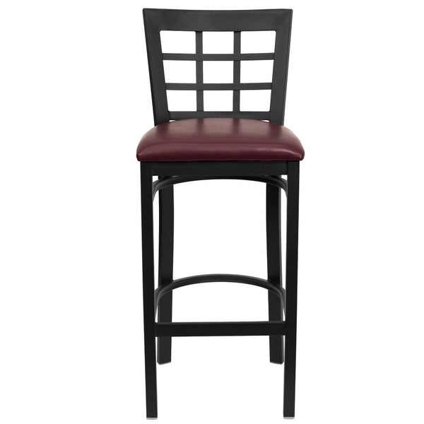 English Elm HERCULES Series Window-Back Metal Barstool - Durable, Comfortable Seating for Restaurants & Homes Burgundy Vinyl Seat/Black Metal Frame XU-DG6R7BWIN-BAR-BURV-GG