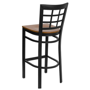 English Elm HERCULES Series Window-Back Metal Barstool - Durable, Comfortable Seating for Restaurants & Homes Cherry Wood Seat/Black Metal Frame XU-DG6R7BWIN-BAR-CHYW-GG