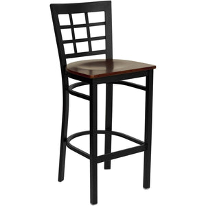 English Elm HERCULES Series Window-Back Metal Barstool - Durable, Comfortable Seating for Restaurants & Homes Mahogany Wood Seat/Black Metal Frame XU-DG6R7BWIN-BAR-MAHW-GG