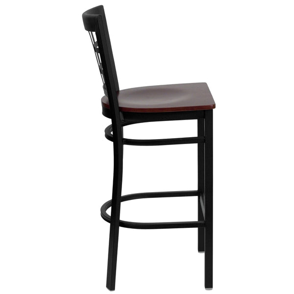 English Elm HERCULES Series Window-Back Metal Barstool - Durable, Comfortable Seating for Restaurants & Homes Mahogany Wood Seat/Black Metal Frame XU-DG6R7BWIN-BAR-MAHW-GG