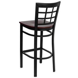 English Elm HERCULES Series Window-Back Metal Barstool - Durable, Comfortable Seating for Restaurants & Homes Mahogany Wood Seat/Black Metal Frame XU-DG6R7BWIN-BAR-MAHW-GG