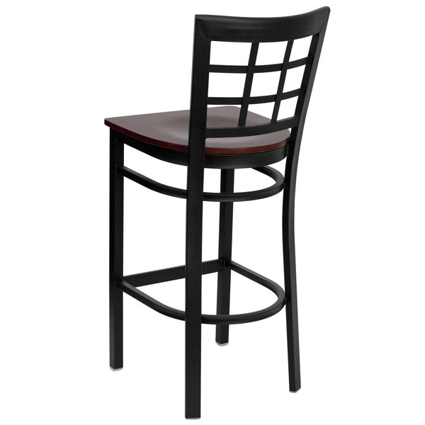 English Elm HERCULES Series Window-Back Metal Barstool - Durable, Comfortable Seating for Restaurants & Homes Mahogany Wood Seat/Black Metal Frame XU-DG6R7BWIN-BAR-MAHW-GG