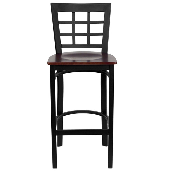 English Elm HERCULES Series Window-Back Metal Barstool - Durable, Comfortable Seating for Restaurants & Homes Mahogany Wood Seat/Black Metal Frame XU-DG6R7BWIN-BAR-MAHW-GG