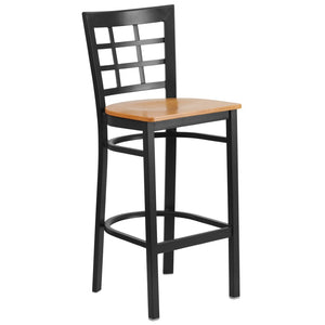 English Elm HERCULES Series Window-Back Metal Barstool - Durable, Comfortable Seating for Restaurants & Homes Natural Wood Seat/Black Metal Frame XU-DG6R7BWIN-BAR-NATW-GG