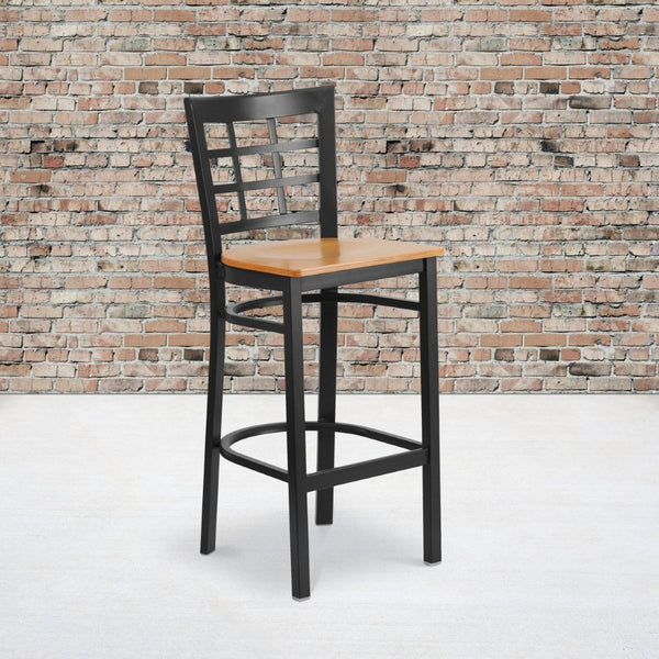 English Elm HERCULES Series Window-Back Metal Barstool - Durable, Comfortable Seating for Restaurants & Homes Natural Wood Seat/Black Metal Frame XU-DG6R7BWIN-BAR-NATW-GG