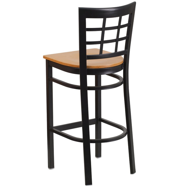 English Elm HERCULES Series Window-Back Metal Barstool - Durable, Comfortable Seating for Restaurants & Homes Natural Wood Seat/Black Metal Frame XU-DG6R7BWIN-BAR-NATW-GG