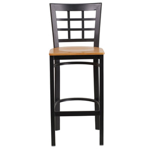 English Elm HERCULES Series Window-Back Metal Barstool - Durable, Comfortable Seating for Restaurants & Homes Natural Wood Seat/Black Metal Frame XU-DG6R7BWIN-BAR-NATW-GG