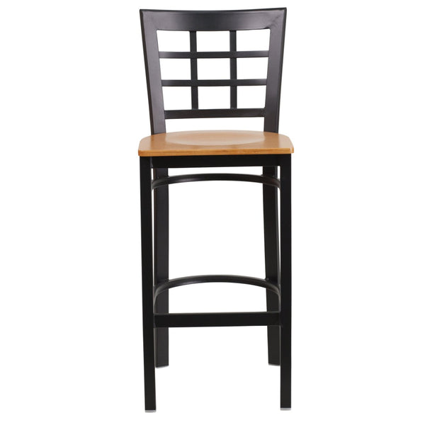 English Elm HERCULES Series Window-Back Metal Barstool - Durable, Comfortable Seating for Restaurants & Homes Natural Wood Seat/Black Metal Frame XU-DG6R7BWIN-BAR-NATW-GG