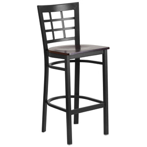 English Elm HERCULES Series Window-Back Metal Barstool - Durable, Comfortable Seating for Restaurants & Homes Walnut Wood Seat/Black Metal Frame XU-DG6R7BWIN-BAR-WALW-GG