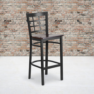 English Elm HERCULES Series Window-Back Metal Barstool - Durable, Comfortable Seating for Restaurants & Homes Walnut Wood Seat/Black Metal Frame XU-DG6R7BWIN-BAR-WALW-GG