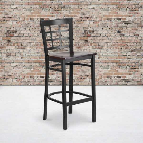 English Elm HERCULES Series Window-Back Metal Barstool - Durable, Comfortable Seating for Restaurants & Homes Walnut Wood Seat/Black Metal Frame XU-DG6R7BWIN-BAR-WALW-GG