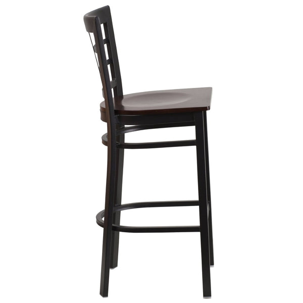 English Elm HERCULES Series Window-Back Metal Barstool - Durable, Comfortable Seating for Restaurants & Homes Walnut Wood Seat/Black Metal Frame XU-DG6R7BWIN-BAR-WALW-GG