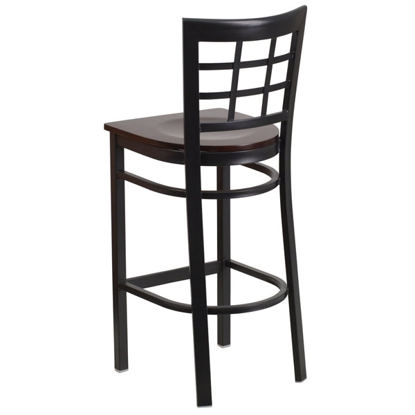 English Elm HERCULES Series Window-Back Metal Barstool - Durable, Comfortable Seating for Restaurants & Homes Walnut Wood Seat/Black Metal Frame XU-DG6R7BWIN-BAR-WALW-GG