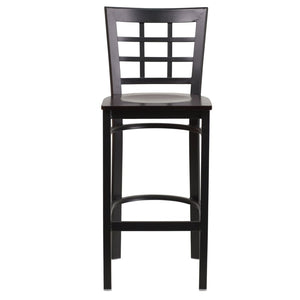 English Elm HERCULES Series Window-Back Metal Barstool - Durable, Comfortable Seating for Restaurants & Homes Walnut Wood Seat/Black Metal Frame XU-DG6R7BWIN-BAR-WALW-GG