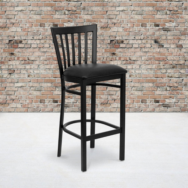 English Elm HERCULES Series Durable Metal Barstool with Comfortable Padded Seat for Restaurants and Home Use Black Vinyl Seat/Black Metal Frame XU-DG6R8BSCH-BAR-BLKV-GG