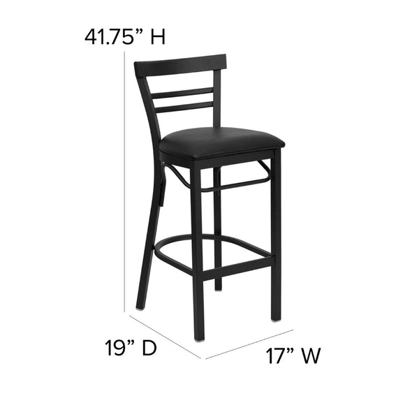 English Elm HERCULES Series Two-Slat Ladder Back Metal Barstool - Durable, Comfortable & Easy to Clean Design Black Vinyl Seat/Black Metal Frame XU-DG6R9BLAD-BAR-BLKV-GG