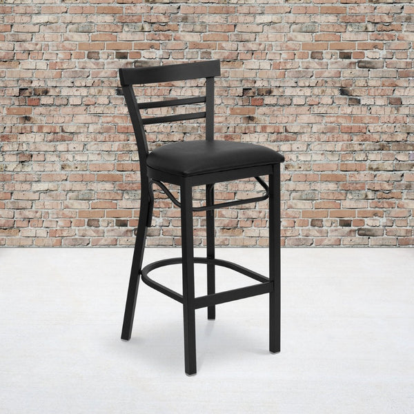 English Elm HERCULES Series Two-Slat Ladder Back Metal Barstool - Durable, Comfortable & Easy to Clean Design Black Vinyl Seat/Black Metal Frame XU-DG6R9BLAD-BAR-BLKV-GG