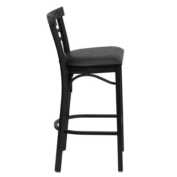 English Elm HERCULES Series Two-Slat Ladder Back Metal Barstool - Durable, Comfortable & Easy to Clean Design Black Vinyl Seat/Black Metal Frame XU-DG6R9BLAD-BAR-BLKV-GG