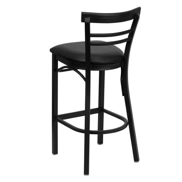 English Elm HERCULES Series Two-Slat Ladder Back Metal Barstool - Durable, Comfortable & Easy to Clean Design Black Vinyl Seat/Black Metal Frame XU-DG6R9BLAD-BAR-BLKV-GG