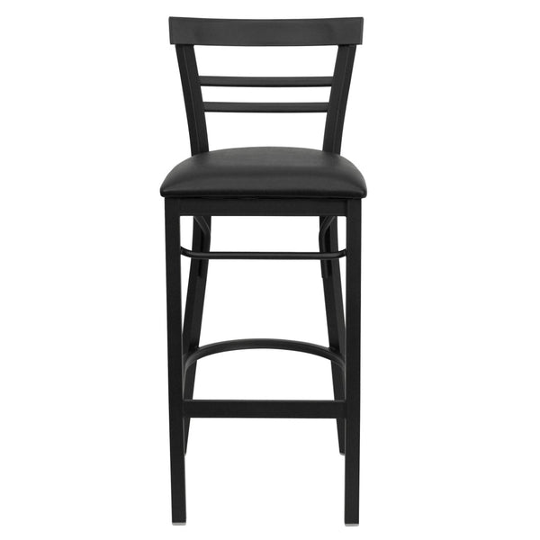 English Elm HERCULES Series Two-Slat Ladder Back Metal Barstool - Durable, Comfortable & Easy to Clean Design Black Vinyl Seat/Black Metal Frame XU-DG6R9BLAD-BAR-BLKV-GG