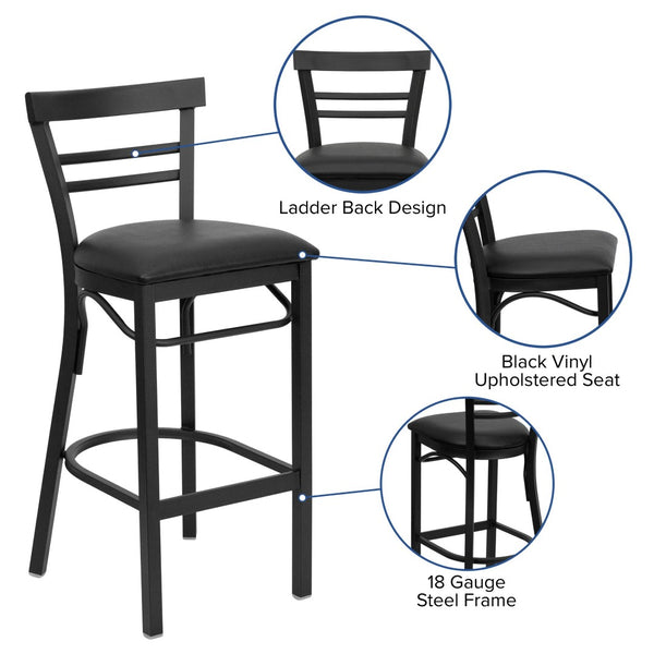 English Elm HERCULES Series Two-Slat Ladder Back Metal Barstool - Durable, Comfortable & Easy to Clean Design Black Vinyl Seat/Black Metal Frame XU-DG6R9BLAD-BAR-BLKV-GG