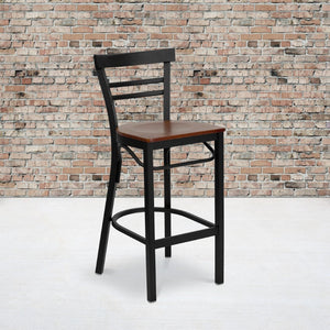 English Elm HERCULES Series Two-Slat Ladder Back Metal Barstool - Durable, Comfortable & Easy to Clean Design Cherry Wood Seat/Black Metal Frame XU-DG6R9BLAD-BAR-CHYW-GG