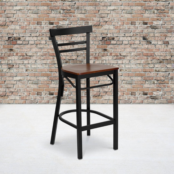 English Elm HERCULES Series Two-Slat Ladder Back Metal Barstool - Durable, Comfortable & Easy to Clean Design Cherry Wood Seat/Black Metal Frame XU-DG6R9BLAD-BAR-CHYW-GG