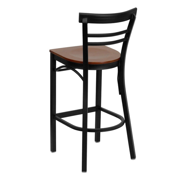 English Elm HERCULES Series Two-Slat Ladder Back Metal Barstool - Durable, Comfortable & Easy to Clean Design Cherry Wood Seat/Black Metal Frame XU-DG6R9BLAD-BAR-CHYW-GG