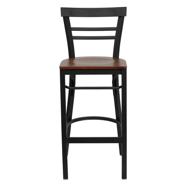 English Elm HERCULES Series Two-Slat Ladder Back Metal Barstool - Durable, Comfortable & Easy to Clean Design Cherry Wood Seat/Black Metal Frame XU-DG6R9BLAD-BAR-CHYW-GG