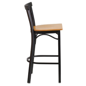 English Elm HERCULES Series Two-Slat Ladder Back Metal Barstool - Durable, Comfortable & Easy to Clean Design Natural Wood Seat/Black Metal Frame XU-DG6R9BLAD-BAR-NATW-GG