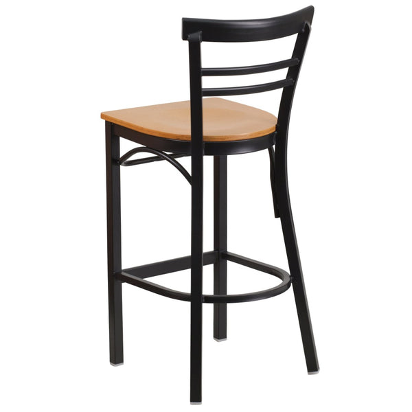 English Elm HERCULES Series Two-Slat Ladder Back Metal Barstool - Durable, Comfortable & Easy to Clean Design Natural Wood Seat/Black Metal Frame XU-DG6R9BLAD-BAR-NATW-GG