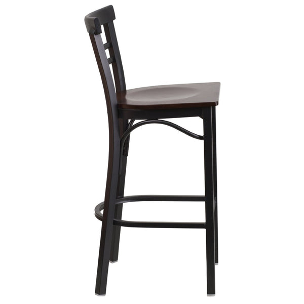 English Elm HERCULES Series Two-Slat Ladder Back Metal Barstool - Durable, Comfortable & Easy to Clean Design Walnut Wood Seat/Black Metal Frame XU-DG6R9BLAD-BAR-WALW-GG