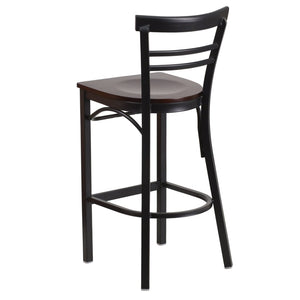 English Elm HERCULES Series Two-Slat Ladder Back Metal Barstool - Durable, Comfortable & Easy to Clean Design Walnut Wood Seat/Black Metal Frame XU-DG6R9BLAD-BAR-WALW-GG