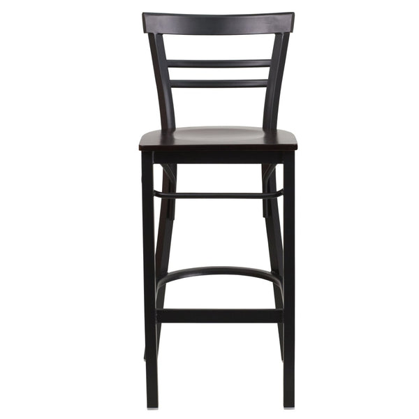 English Elm HERCULES Series Two-Slat Ladder Back Metal Barstool - Durable, Comfortable & Easy to Clean Design Walnut Wood Seat/Black Metal Frame XU-DG6R9BLAD-BAR-WALW-GG