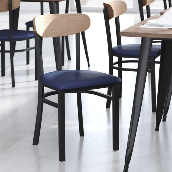 English Elm Wright Commercial Dining Chair - Durable Steel Frame, Comfortable Vinyl Seat, Modern Boomerang Design Natural Birch Wood Back/Blue Vinyl Seat XU-DG6V5BLV-NAT-GG