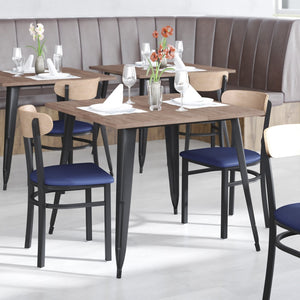 English Elm Wright Commercial Dining Chair - Durable Steel Frame, Comfortable Vinyl Seat, Modern Boomerang Design Natural Birch Wood Back/Blue Vinyl Seat XU-DG6V5BLV-NAT-GG