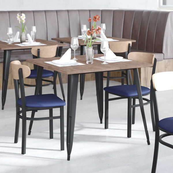 English Elm Wright Commercial Dining Chair - Durable Steel Frame, Comfortable Vinyl Seat, Modern Boomerang Design Natural Birch Wood Back/Blue Vinyl Seat XU-DG6V5BLV-NAT-GG