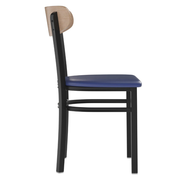 English Elm Wright Commercial Dining Chair - Durable Steel Frame, Comfortable Vinyl Seat, Modern Boomerang Design Natural Birch Wood Back/Blue Vinyl Seat XU-DG6V5BLV-NAT-GG