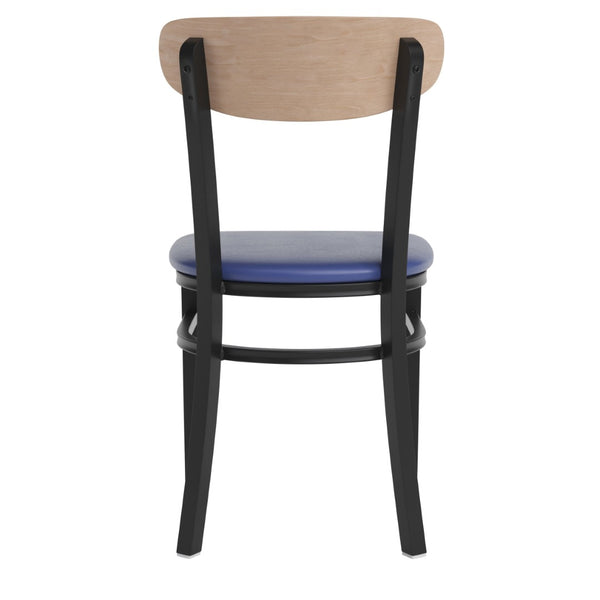 English Elm Wright Commercial Dining Chair - Durable Steel Frame, Comfortable Vinyl Seat, Modern Boomerang Design Natural Birch Wood Back/Blue Vinyl Seat XU-DG6V5BLV-NAT-GG