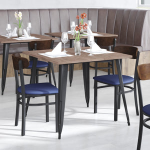 English Elm Wright Commercial Dining Chair - Durable Steel Frame, Comfortable Vinyl Seat, Modern Boomerang Design Walnut Wood Back/Blue Vinyl Seat XU-DG6V5BLV-WAL-GG