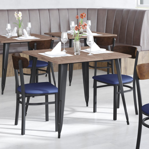 English Elm Wright Commercial Dining Chair - Durable Steel Frame, Comfortable Vinyl Seat, Modern Boomerang Design Walnut Wood Back/Blue Vinyl Seat XU-DG6V5BLV-WAL-GG