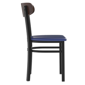 English Elm Wright Commercial Dining Chair - Durable Steel Frame, Comfortable Vinyl Seat, Modern Boomerang Design Walnut Wood Back/Blue Vinyl Seat XU-DG6V5BLV-WAL-GG