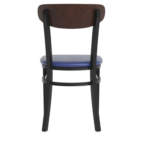 English Elm Wright Commercial Dining Chair - Durable Steel Frame, Comfortable Vinyl Seat, Modern Boomerang Design Walnut Wood Back/Blue Vinyl Seat XU-DG6V5BLV-WAL-GG