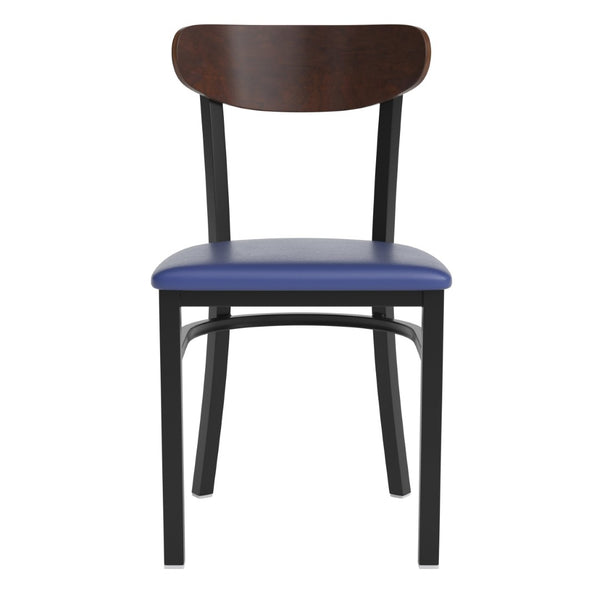 English Elm Wright Commercial Dining Chair - Durable Steel Frame, Comfortable Vinyl Seat, Modern Boomerang Design Walnut Wood Back/Blue Vinyl Seat XU-DG6V5BLV-WAL-GG
