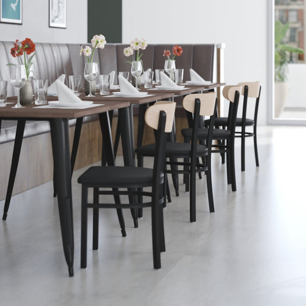 English Elm Wright Commercial Dining Chair - Durable Steel Frame, Comfortable Vinyl Seat, Modern Boomerang Design Natural Birch Wood Back/Black Vinyl Seat XU-DG6V5BV-NAT-GG