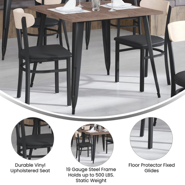 English Elm Wright Commercial Dining Chair - Durable Steel Frame, Comfortable Vinyl Seat, Modern Boomerang Design Natural Birch Wood Back/Black Vinyl Seat XU-DG6V5BV-NAT-GG